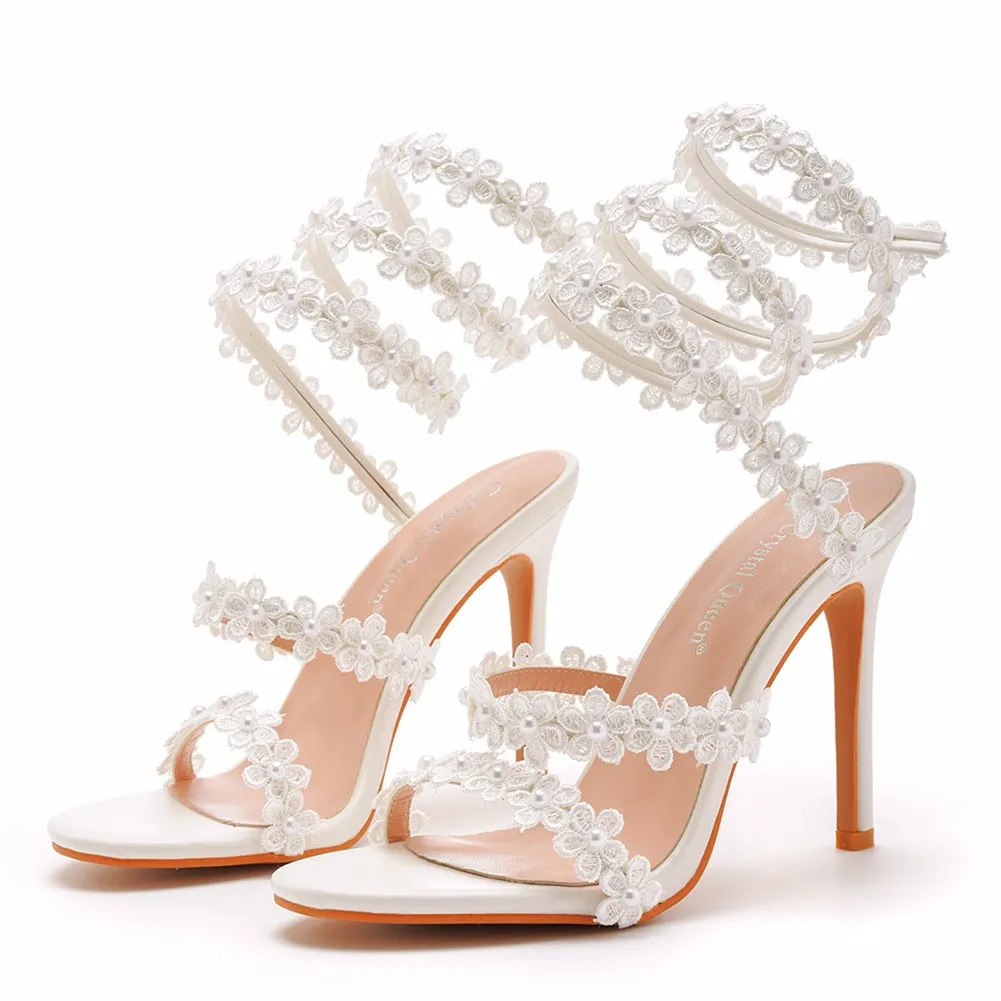 Open Toe White Flower Lace Ankle Wrap Strap Ultra High Heels