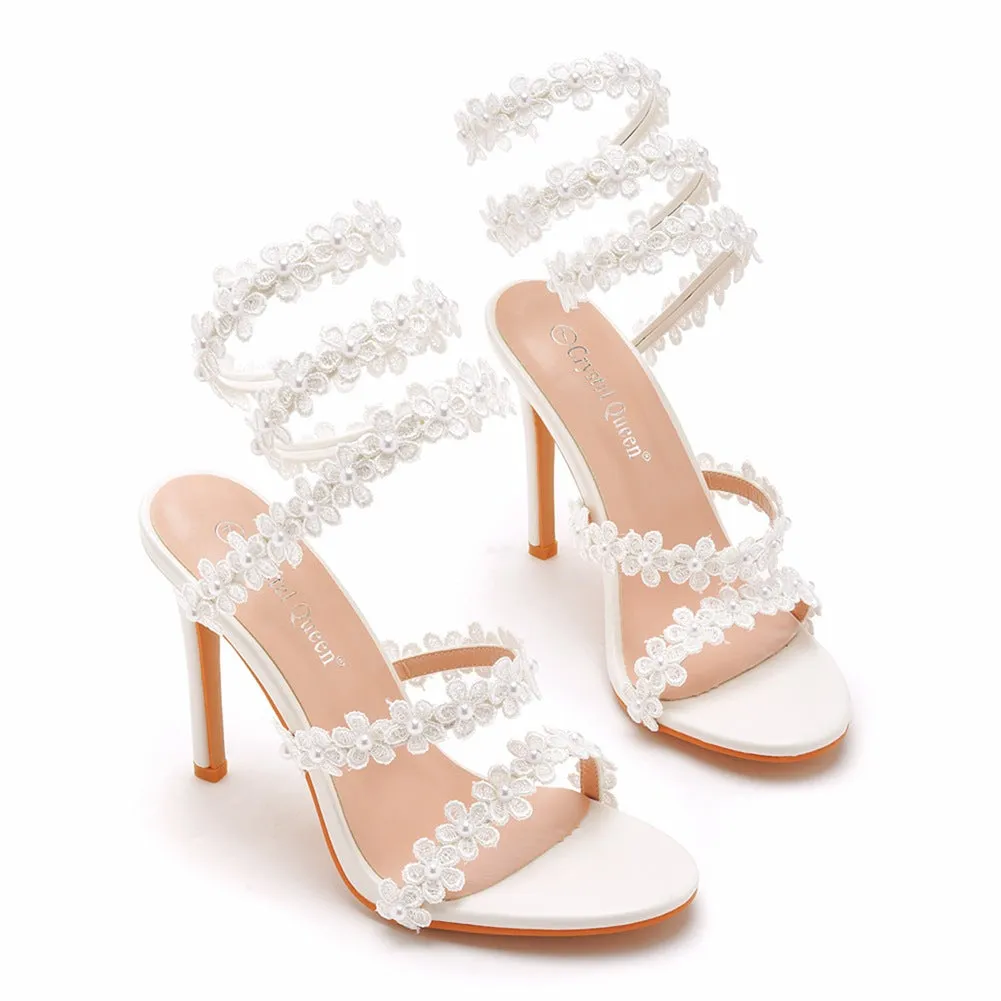 Open Toe White Flower Lace Ankle Wrap Strap Ultra High Heels