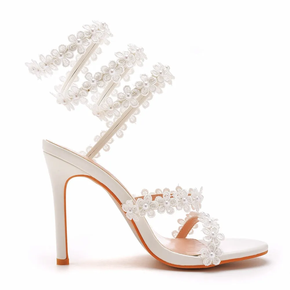 Open Toe White Flower Lace Ankle Wrap Strap Ultra High Heels