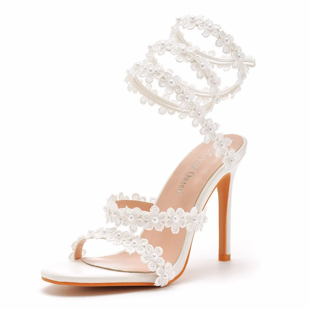 Open Toe White Flower Lace Ankle Wrap Strap Ultra High Heels