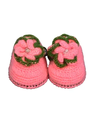 Pink Color Woolen With Beautiful Flower Handmade Baby Booties Size ( 0 - 6 M )