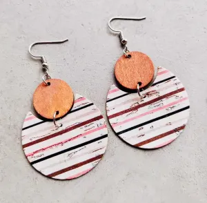 Pink Striped Wood and Cork Earrings