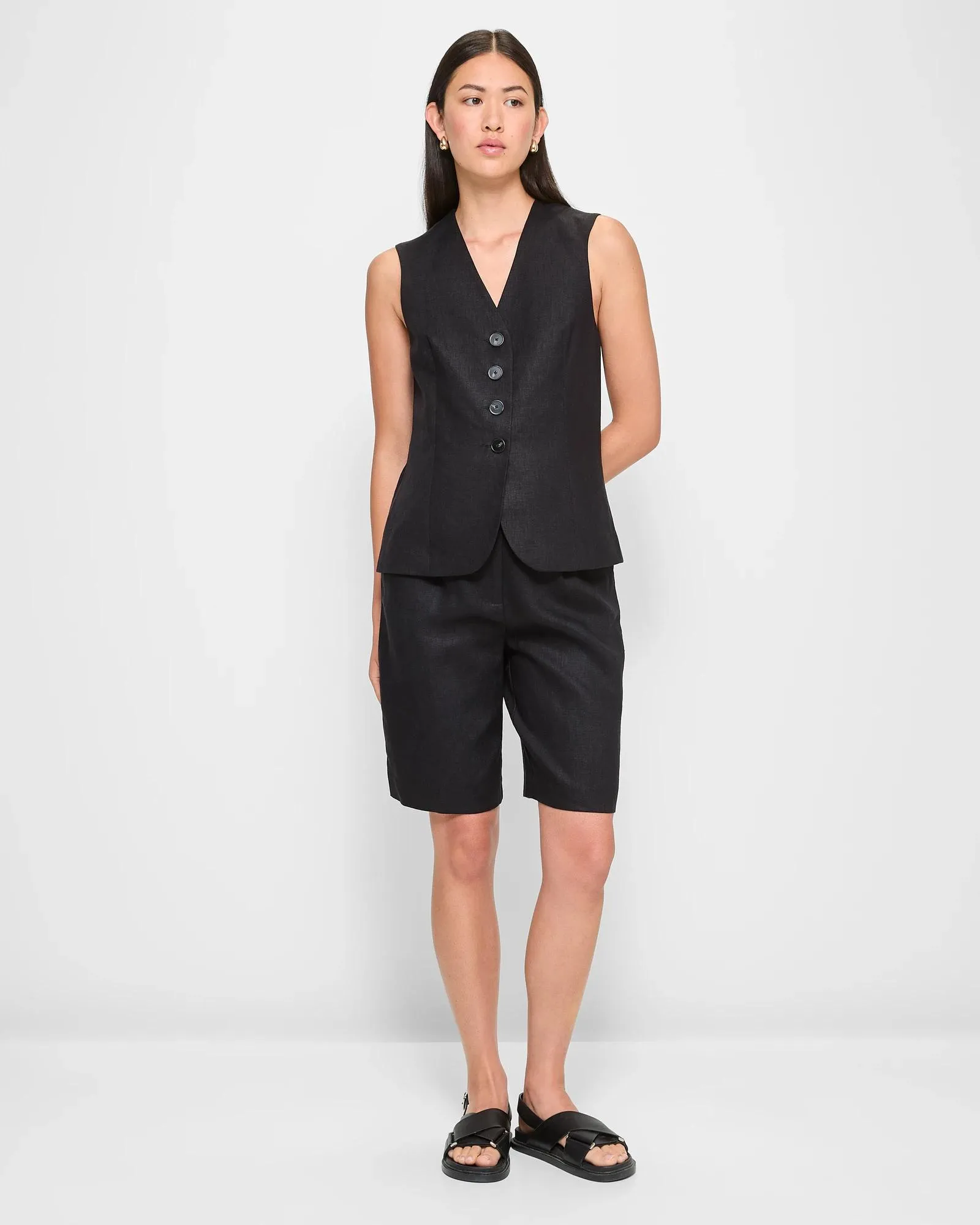 popular  European Linen Tailored Bermuda Shorts - Preview - Black