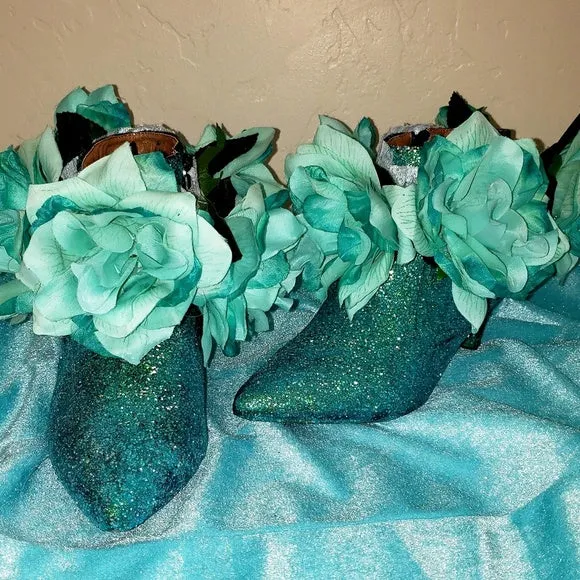 "JASMINE" Custom Order Ocean Blue Glitter Ankle Boots