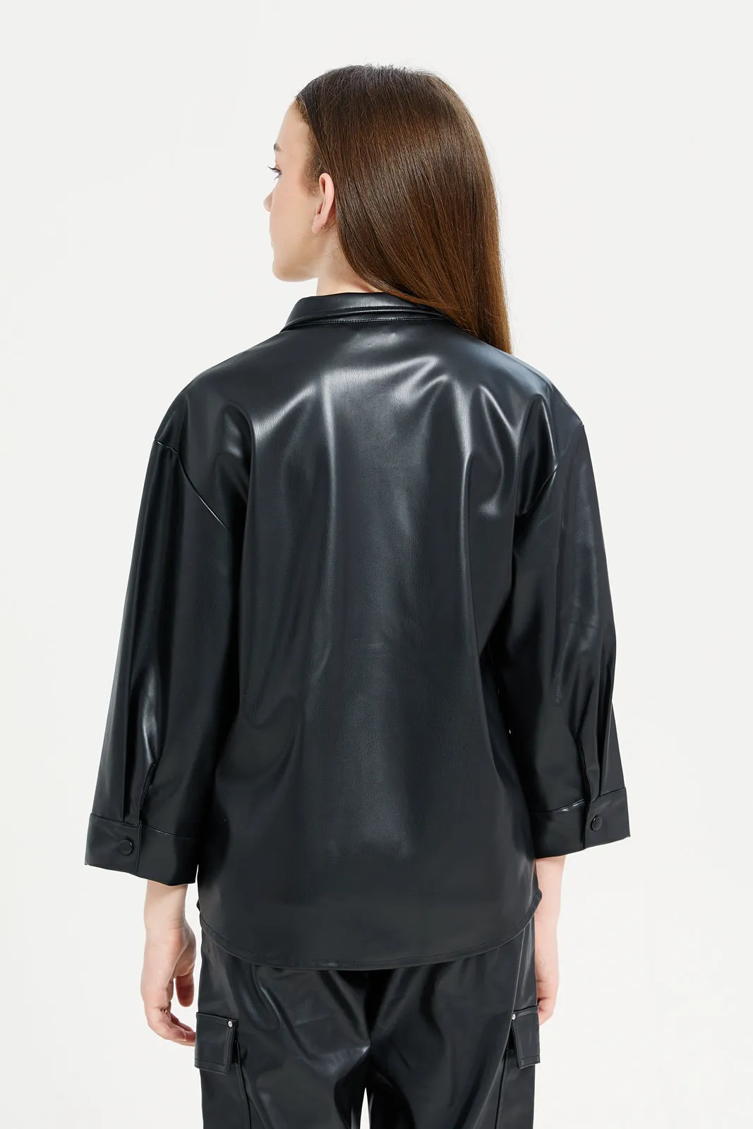 Senior Girls Black Plain Leather Shirt