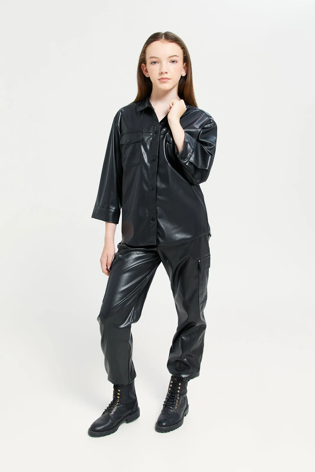 Senior Girls Black Plain Leather Shirt