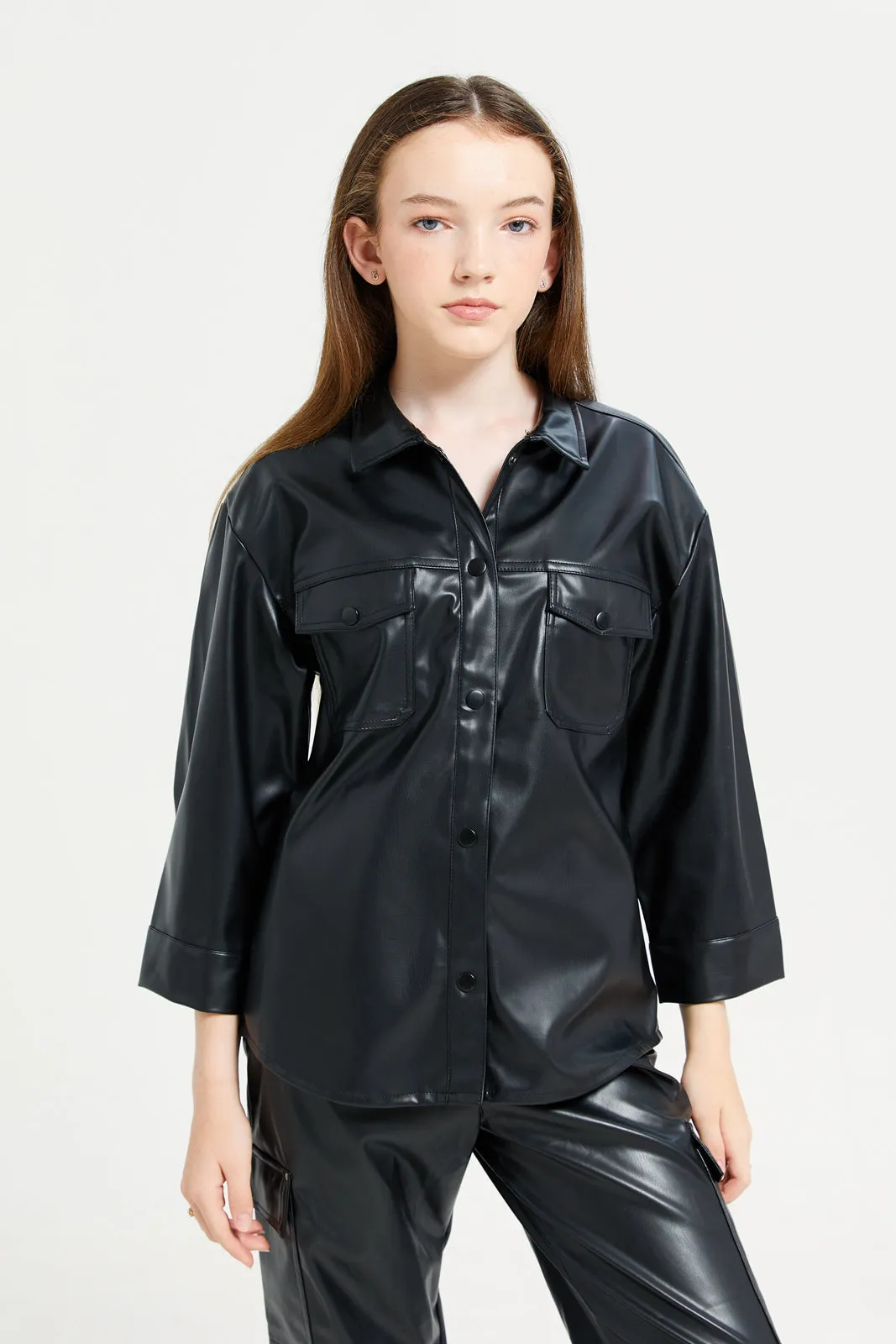 Senior Girls Black Plain Leather Shirt