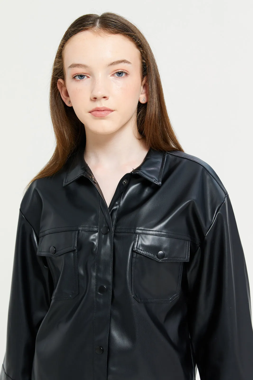 Senior Girls Black Plain Leather Shirt