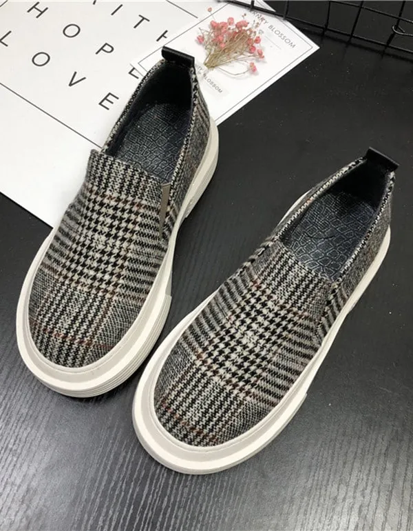 Spring Round Head Flat-heeled Plaid Casual Sneakers