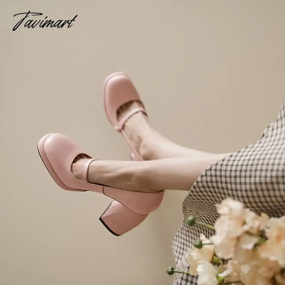 TAVIMART  Spring Women's Pumps Genuine Leather Shoes for Women Round Toe Chunky Heel Shoes Super High Heel Mary Janes Sweet Platform Shoes