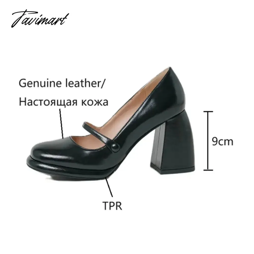 TAVIMART  Spring Women's Pumps Genuine Leather Shoes for Women Round Toe Chunky Heel Shoes Super High Heel Mary Janes Sweet Platform Shoes