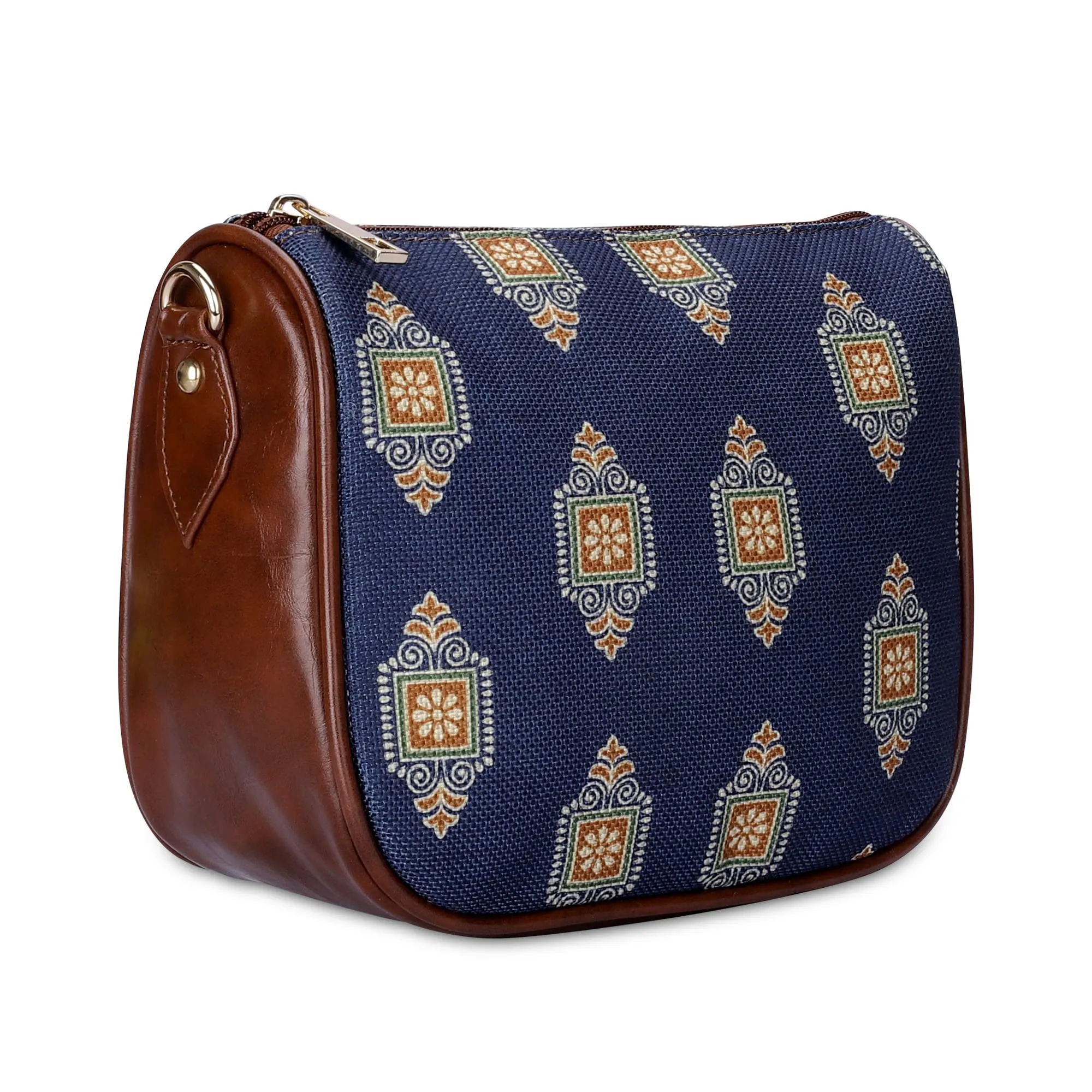 THE CLOWNFISH Garnet Series Printed Handicraft Fabric & Tapestry Crossbody Sling Bag for Women Ladies Single Shoulder Bag Shoulder Belt (Dark Blue)