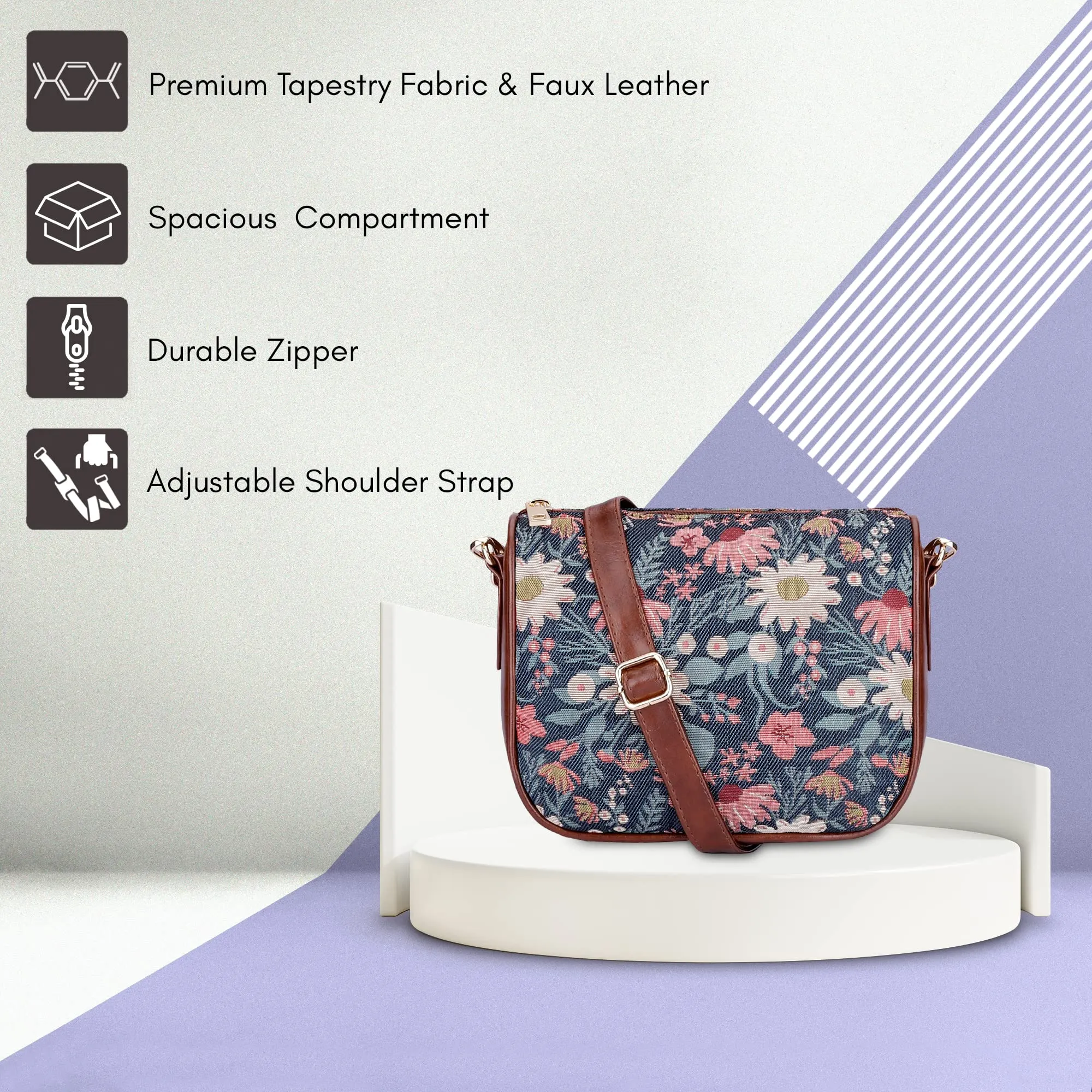 THE CLOWNFISH Garnet Series Tapestry Fabric Crossbody Sling Bag for Women Ladies Single Shoulder Bag Shoulder Belt (Purple -Floral)