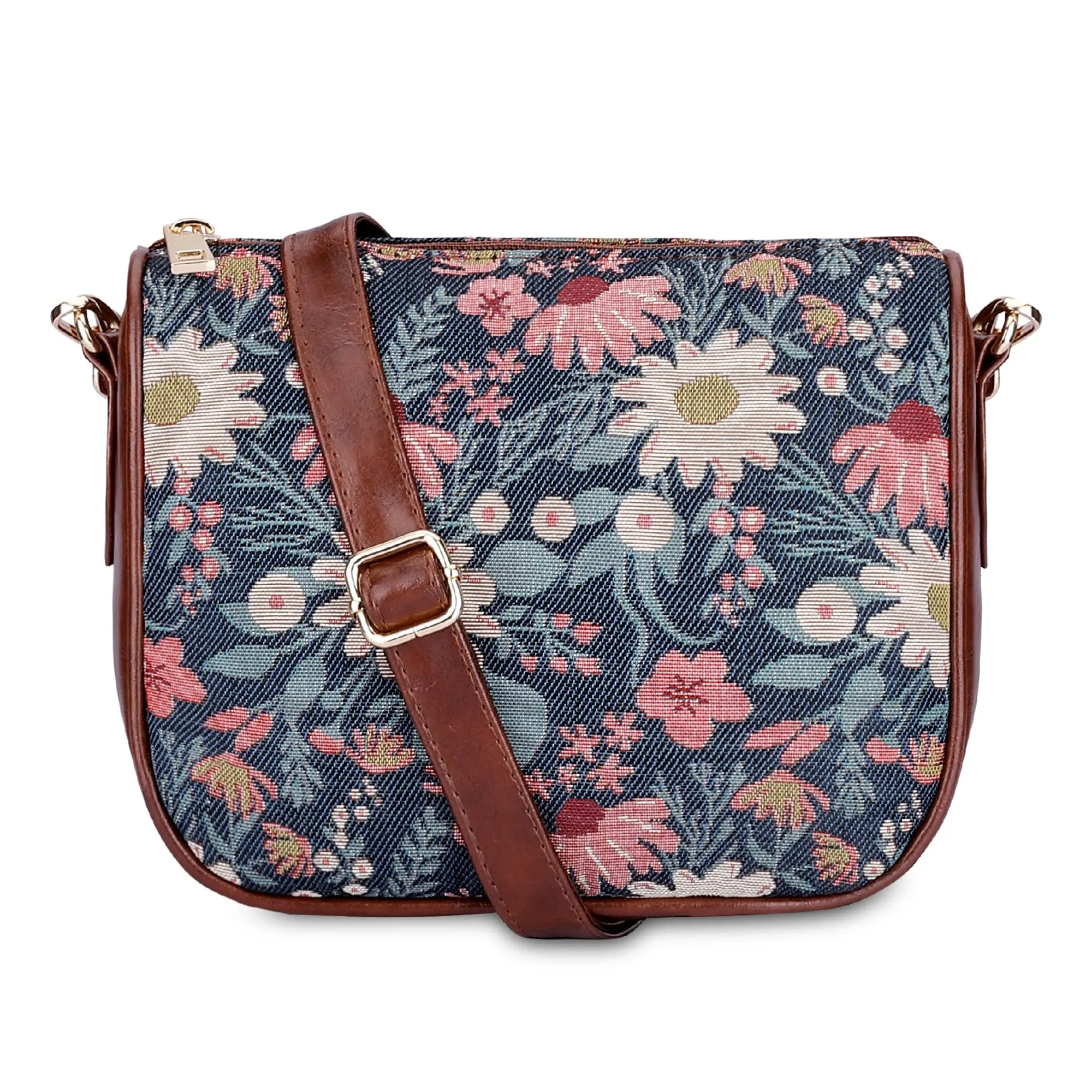 THE CLOWNFISH Garnet Series Tapestry Fabric Crossbody Sling Bag for Women Ladies Single Shoulder Bag Shoulder Belt (Purple -Floral)