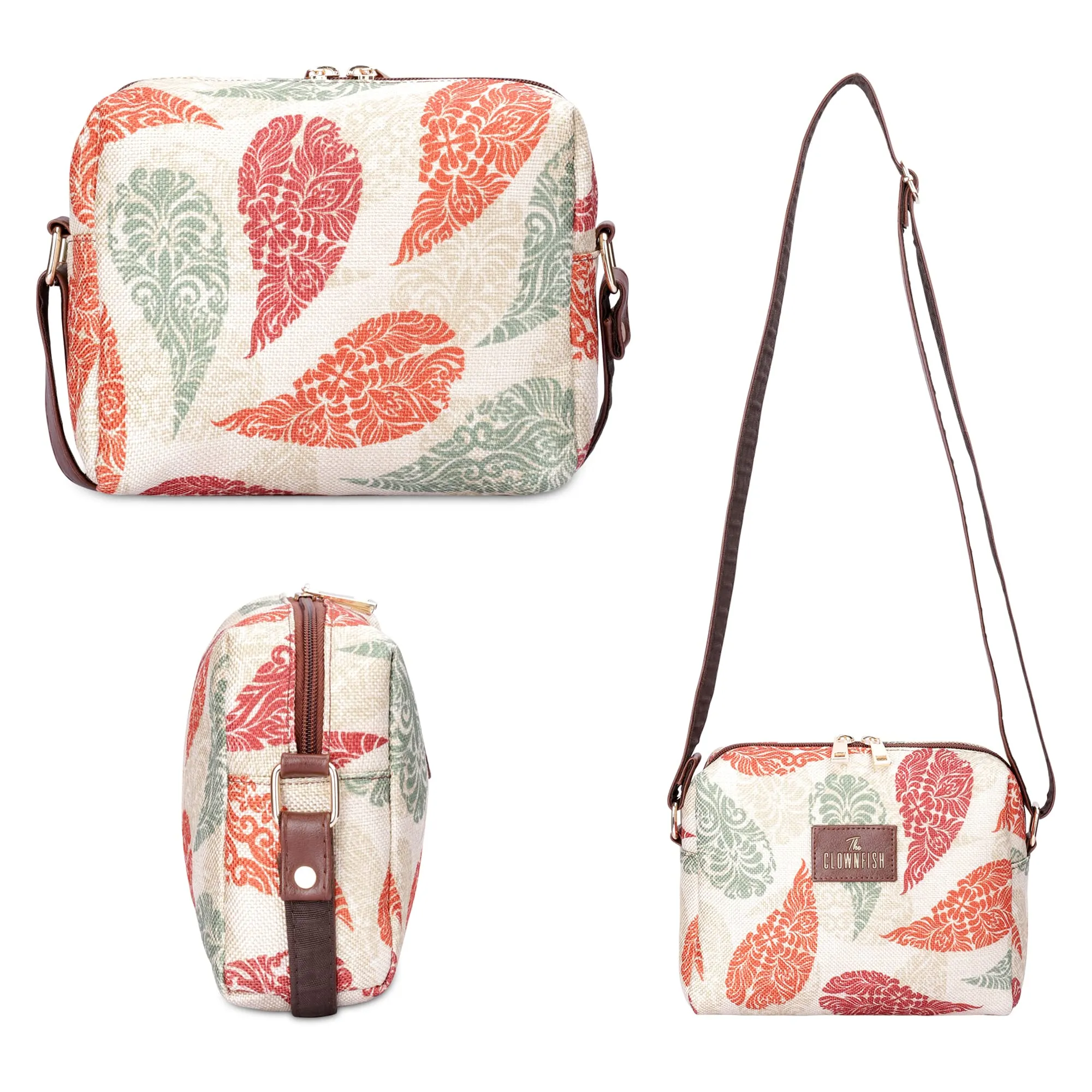 THE CLOWNFISH Isla Printed Handicraft Fabric Crossbody Sling bag for Women Casual Party Bag Purse with Adjustable Shoulder Strap for Ladies College Girls (Cream-Leaf Print)