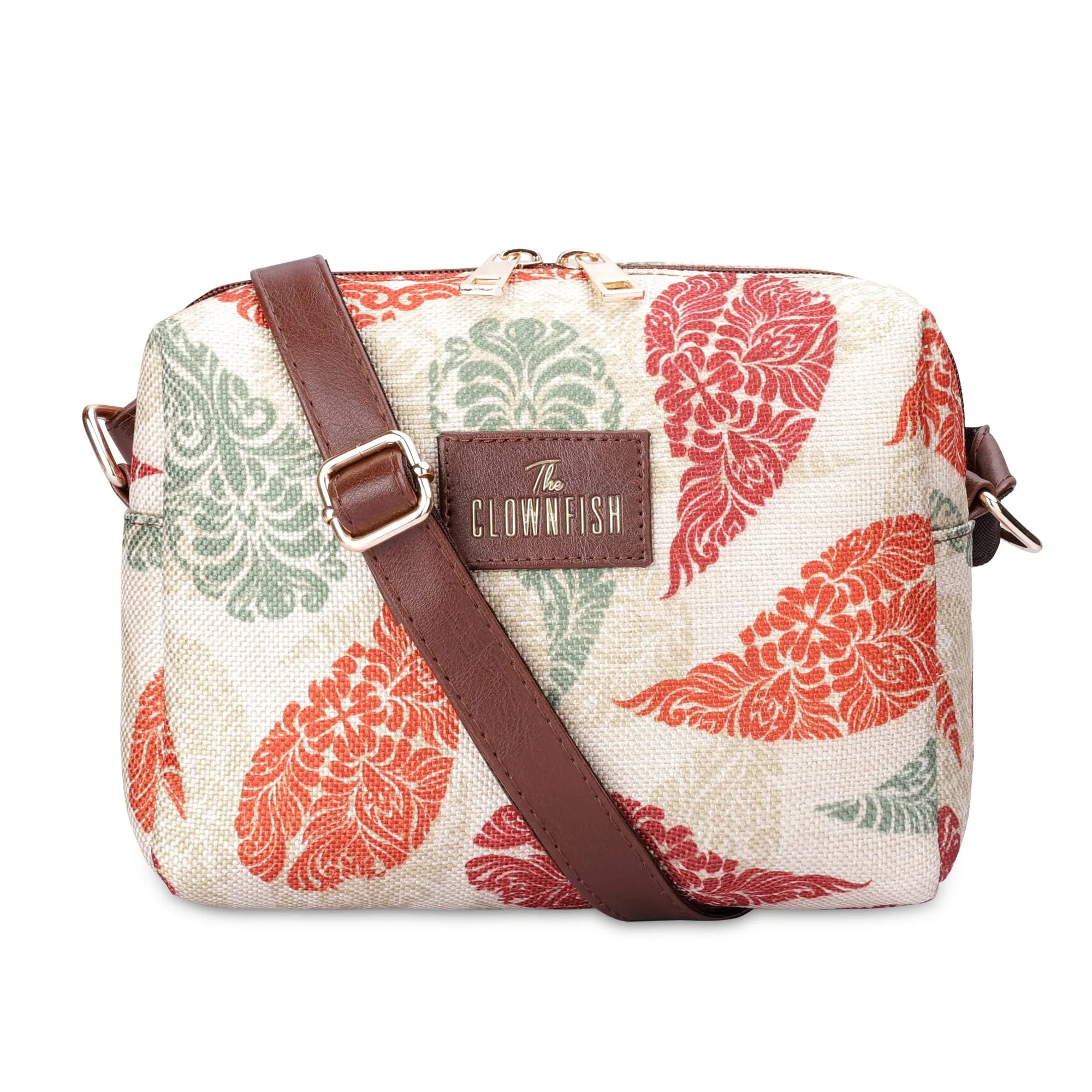 THE CLOWNFISH Isla Printed Handicraft Fabric Crossbody Sling bag for Women Casual Party Bag Purse with Adjustable Shoulder Strap for Ladies College Girls (Cream-Leaf Print)