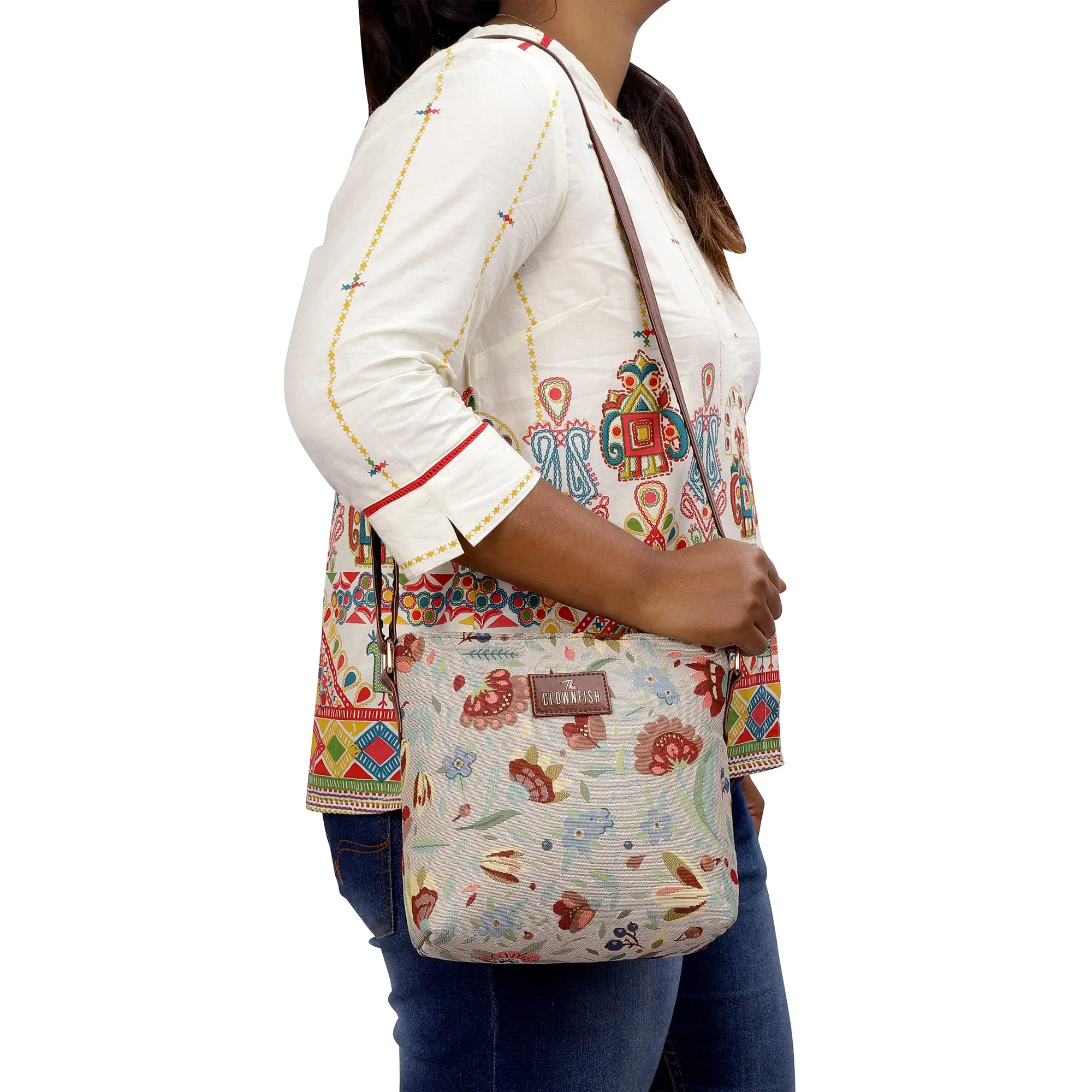 THE CLOWNFISH Linda Series Sling for Women Casual Ladies Single Shoulder Bag For Women Crossbody Bag for College Girls (Skyblue-Floral)