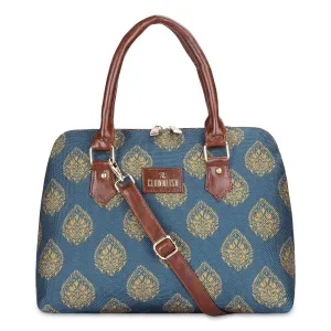 THE CLOWNFISH Montana Series Printed Handicraft Fabric & Faux leather Handbag for Women Office Bag Ladies Purse Shoulder Bag Tote For Women College Girls (Peacock Blue-1)