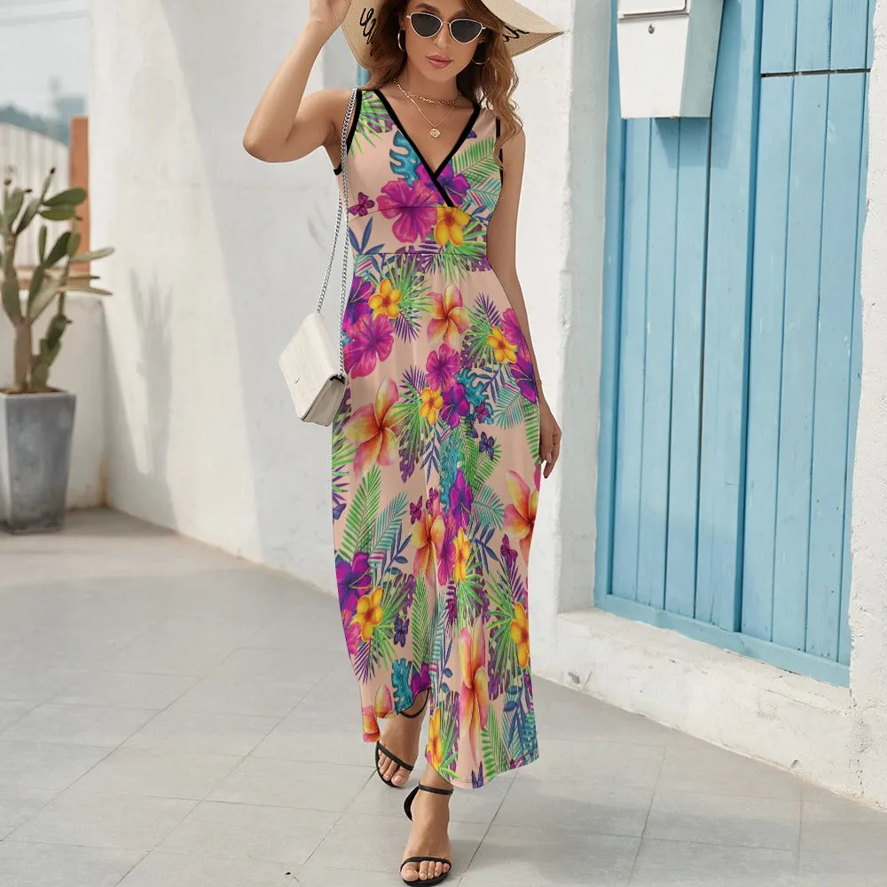 Tropical Peach Floral Temperament Ladies Sleeveless Dress