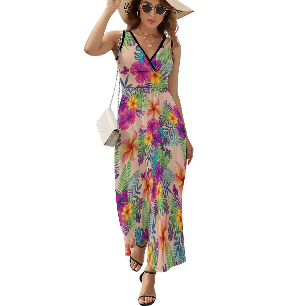 Tropical Peach Floral Temperament Ladies Sleeveless Dress