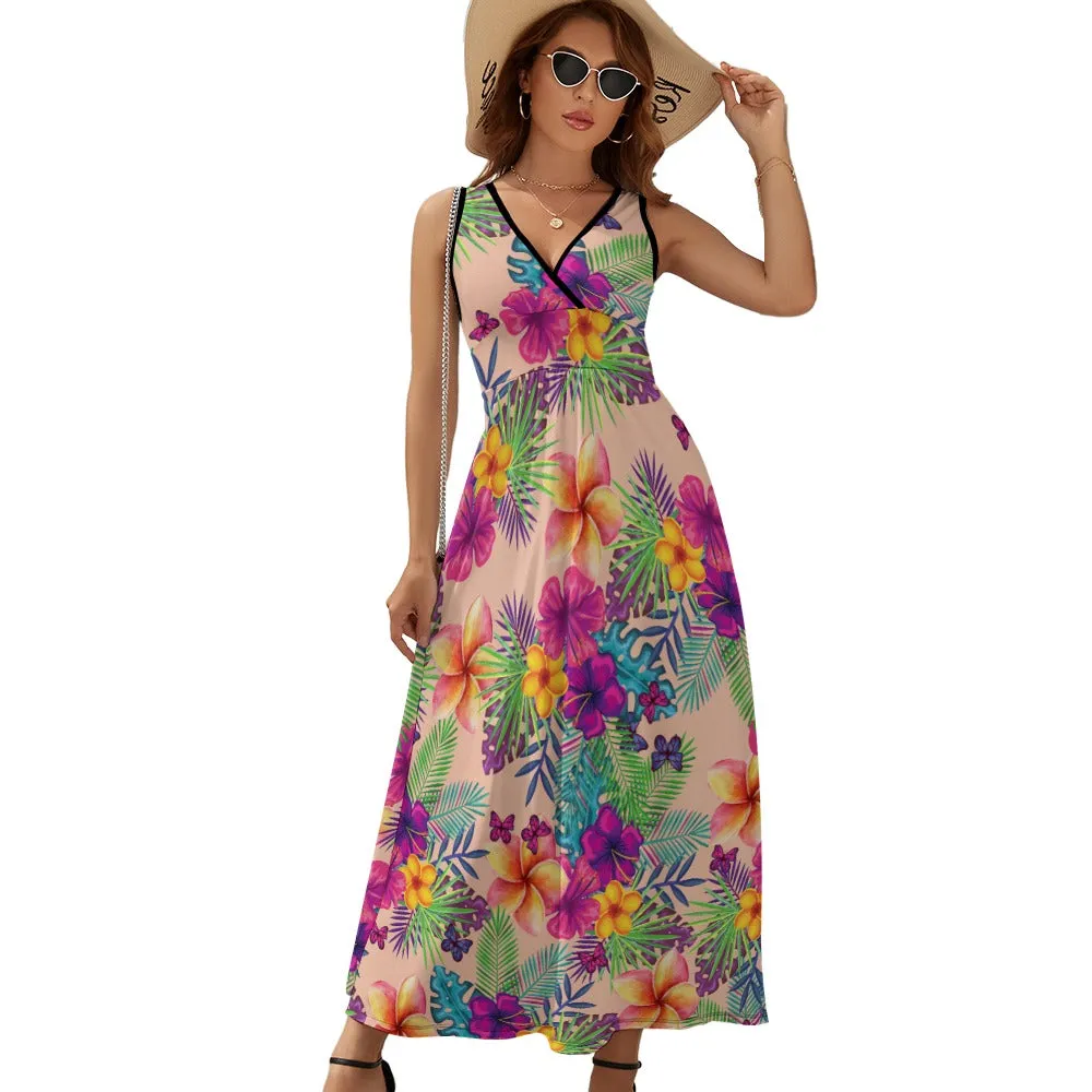 Tropical Peach Floral Temperament Ladies Sleeveless Dress