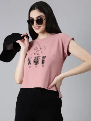 Women Peach Typographic Slim Fit Tshirt