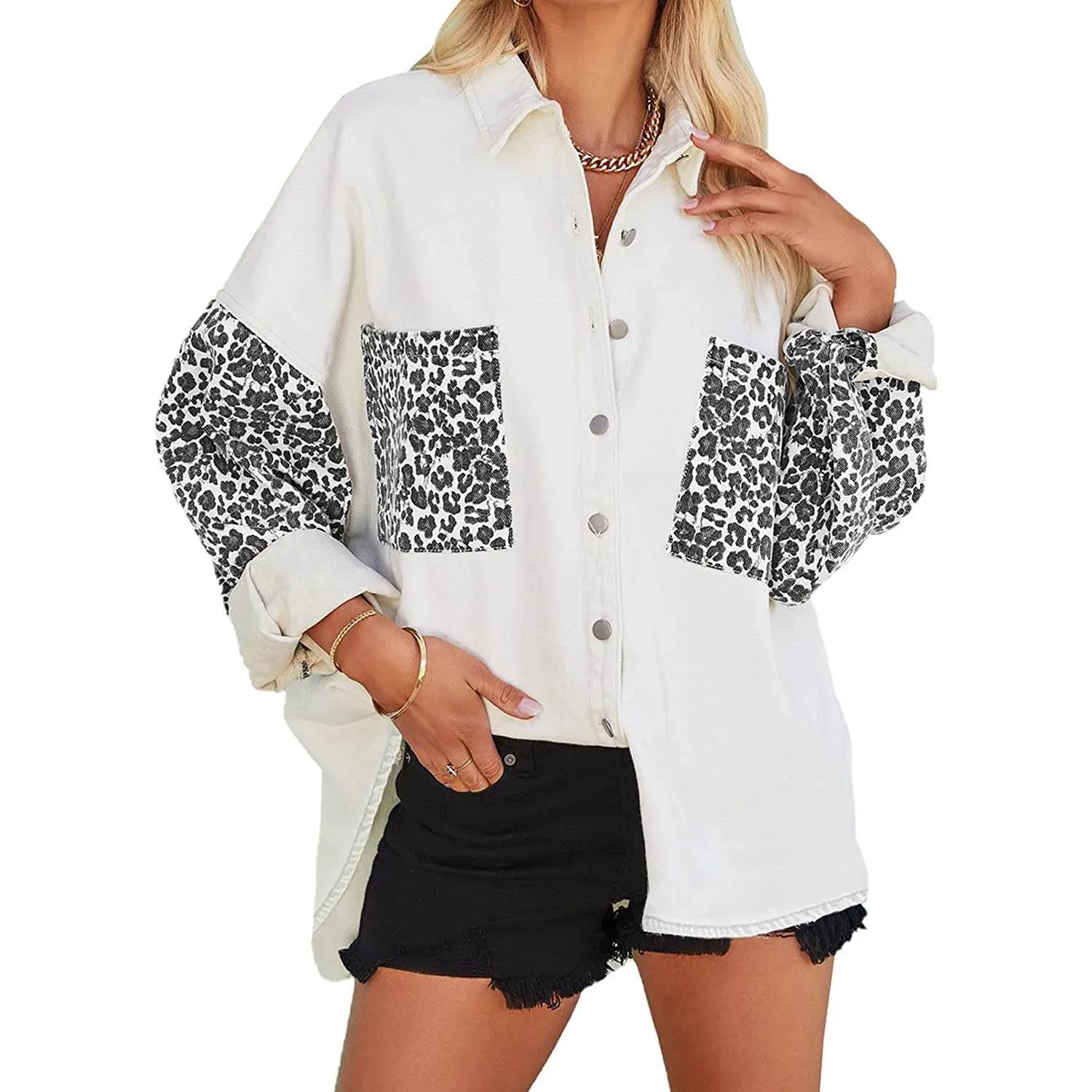 Womens Contrast Leopard Denim Jacket Long Sleeve Button Down Shirts