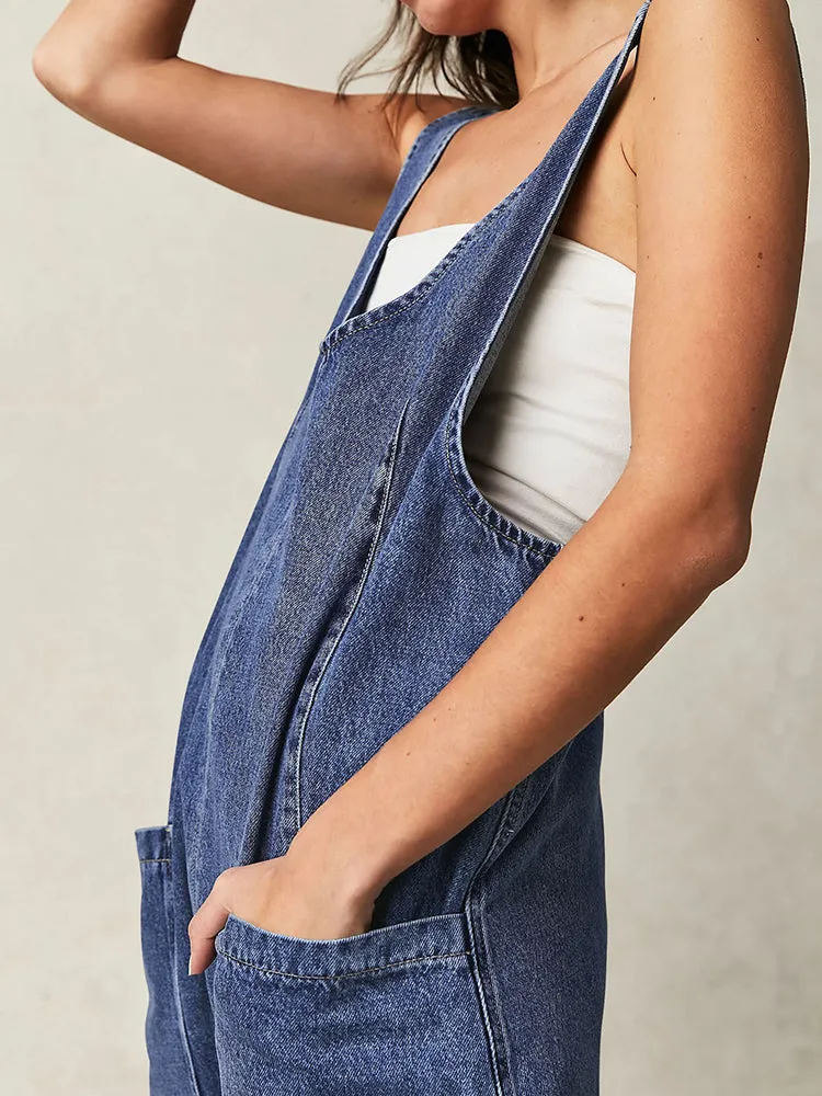 Women's High Roller Denim Jumpsuits Loose Baggy Jumpers with Pockets