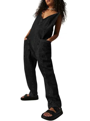 Women's High Roller Denim Jumpsuits Loose Baggy Jumpers with Pockets