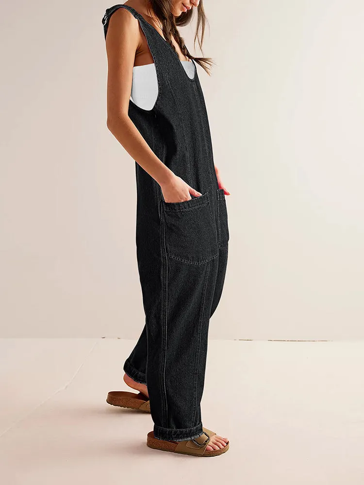 Women's High Roller Denim Jumpsuits Loose Baggy Jumpers with Pockets