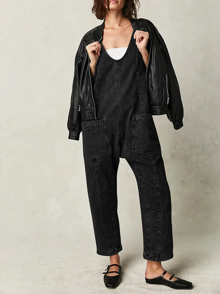 Women's High Roller Denim Jumpsuits Loose Baggy Jumpers with Pockets