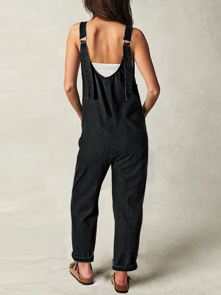 Women's High Roller Denim Jumpsuits Loose Baggy Jumpers with Pockets