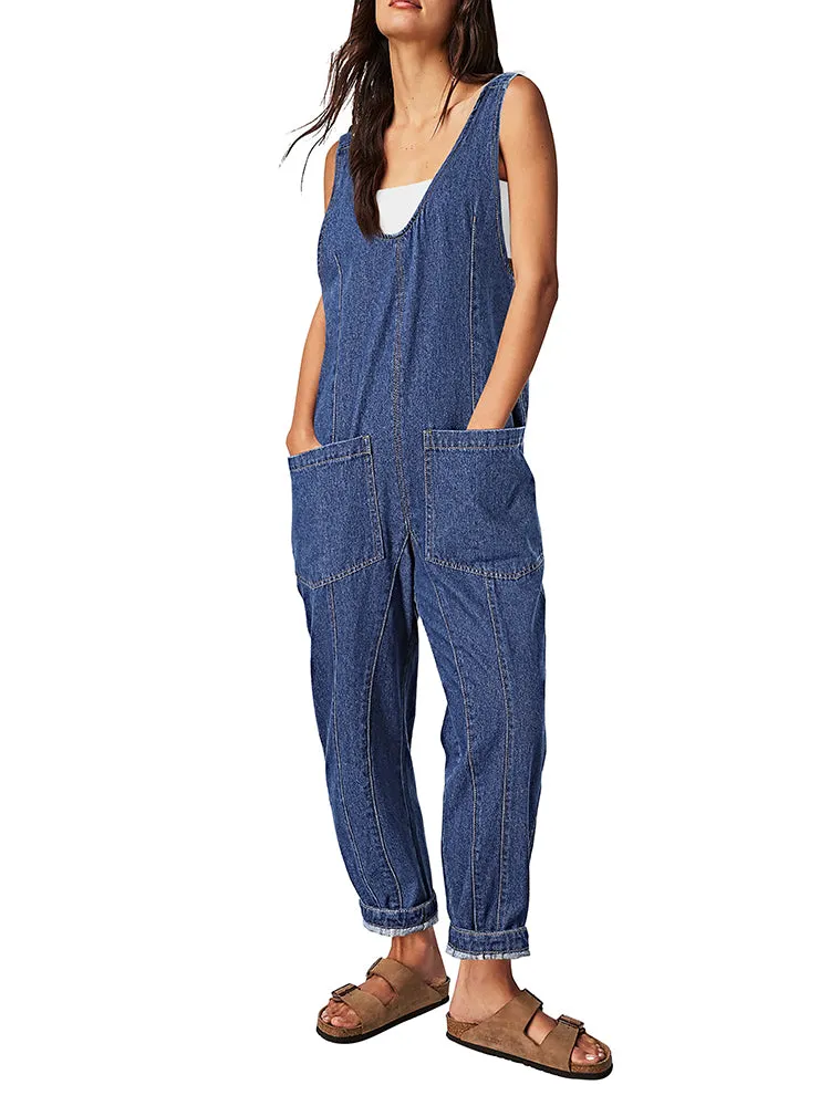 Women's High Roller Denim Jumpsuits Loose Baggy Jumpers with Pockets