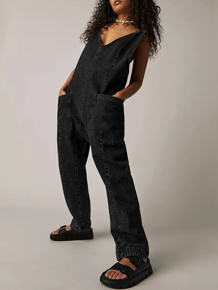 Women's High Roller Denim Jumpsuits Loose Baggy Jumpers with Pockets