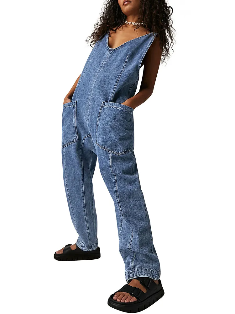 Women's High Roller Denim Jumpsuits Loose Baggy Jumpers with Pockets