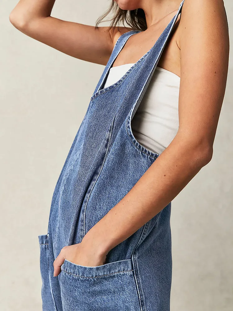 Women's High Roller Denim Jumpsuits Loose Baggy Jumpers with Pockets