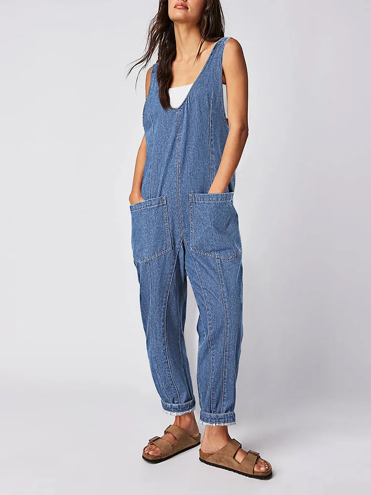 Women's High Roller Denim Jumpsuits Loose Baggy Jumpers with Pockets