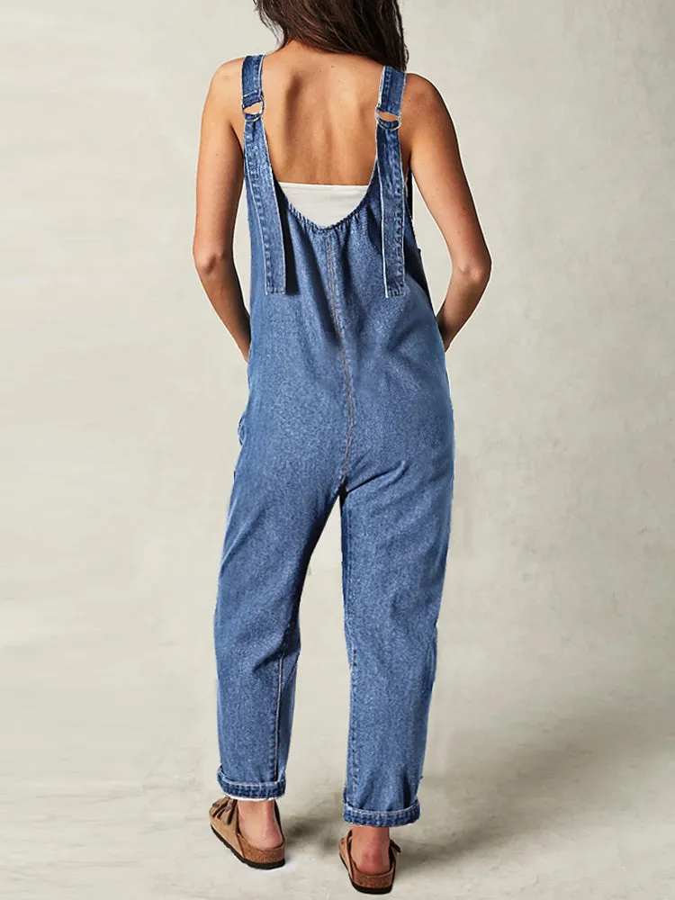 Women's High Roller Denim Jumpsuits Loose Baggy Jumpers with Pockets