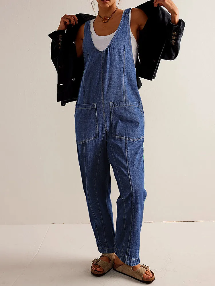 Women's High Roller Denim Jumpsuits Loose Baggy Jumpers with Pockets