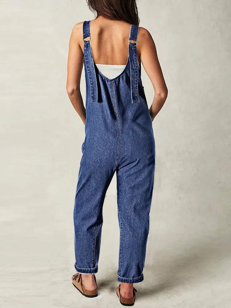 Women's High Roller Denim Jumpsuits Loose Baggy Jumpers with Pockets