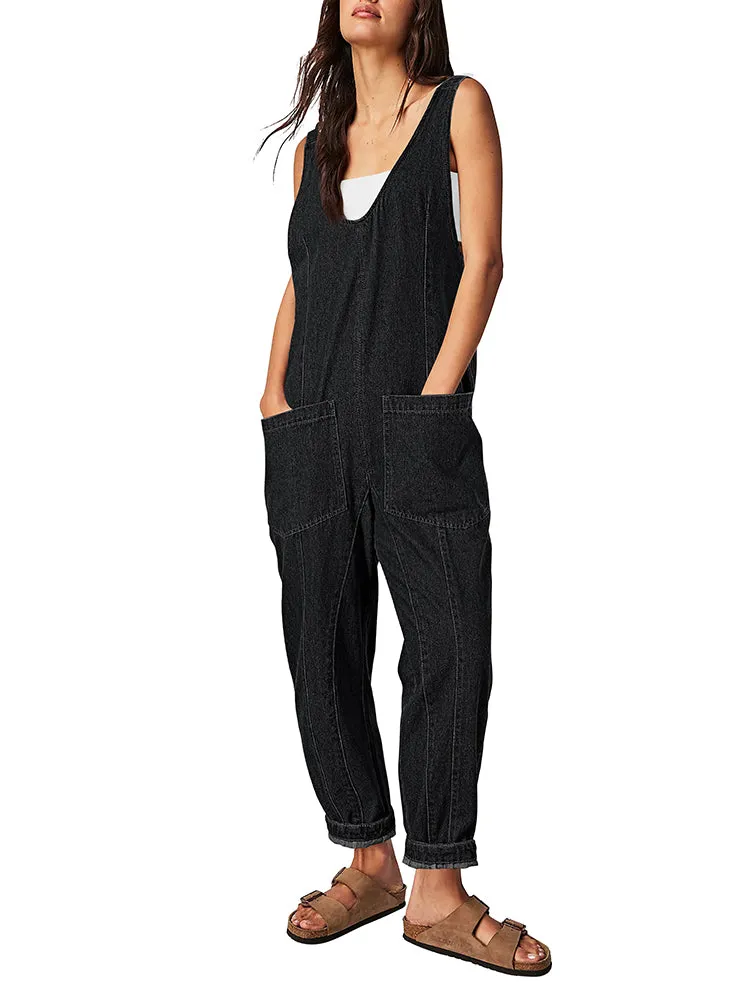 Women's High Roller Denim Jumpsuits Loose Baggy Jumpers with Pockets