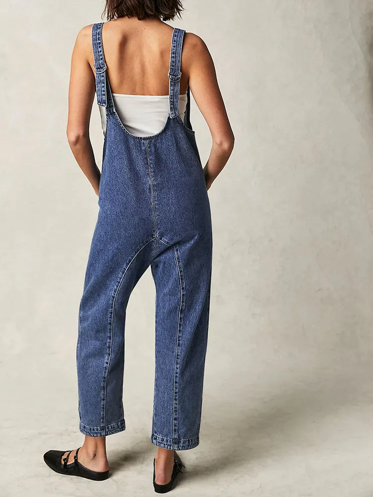 Women's High Roller Denim Jumpsuits Loose Baggy Jumpers with Pockets