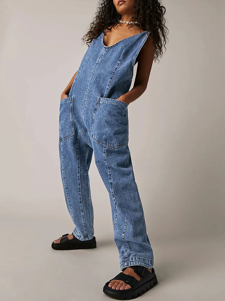 Women's High Roller Denim Jumpsuits Loose Baggy Jumpers with Pockets