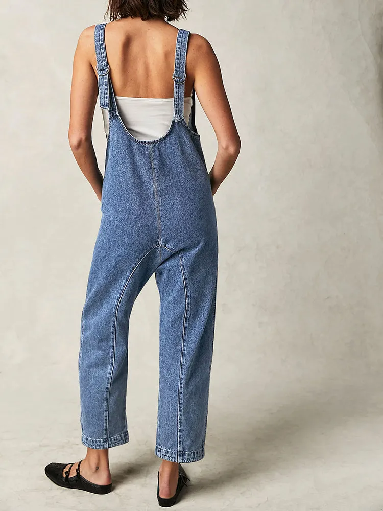 Women's High Roller Denim Jumpsuits Loose Baggy Jumpers with Pockets