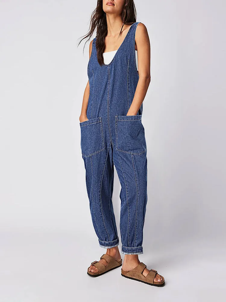 Women's High Roller Denim Jumpsuits Loose Baggy Jumpers with Pockets