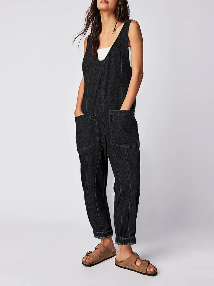 Women's High Roller Denim Jumpsuits Loose Baggy Jumpers with Pockets