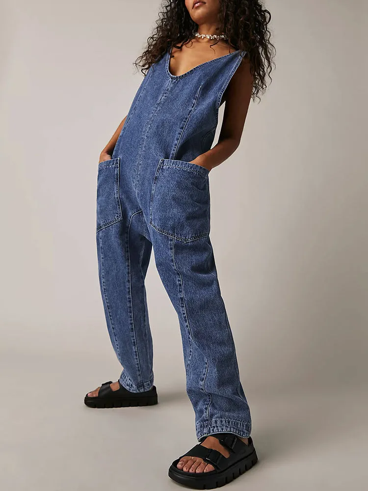 Women's High Roller Denim Jumpsuits Loose Baggy Jumpers with Pockets