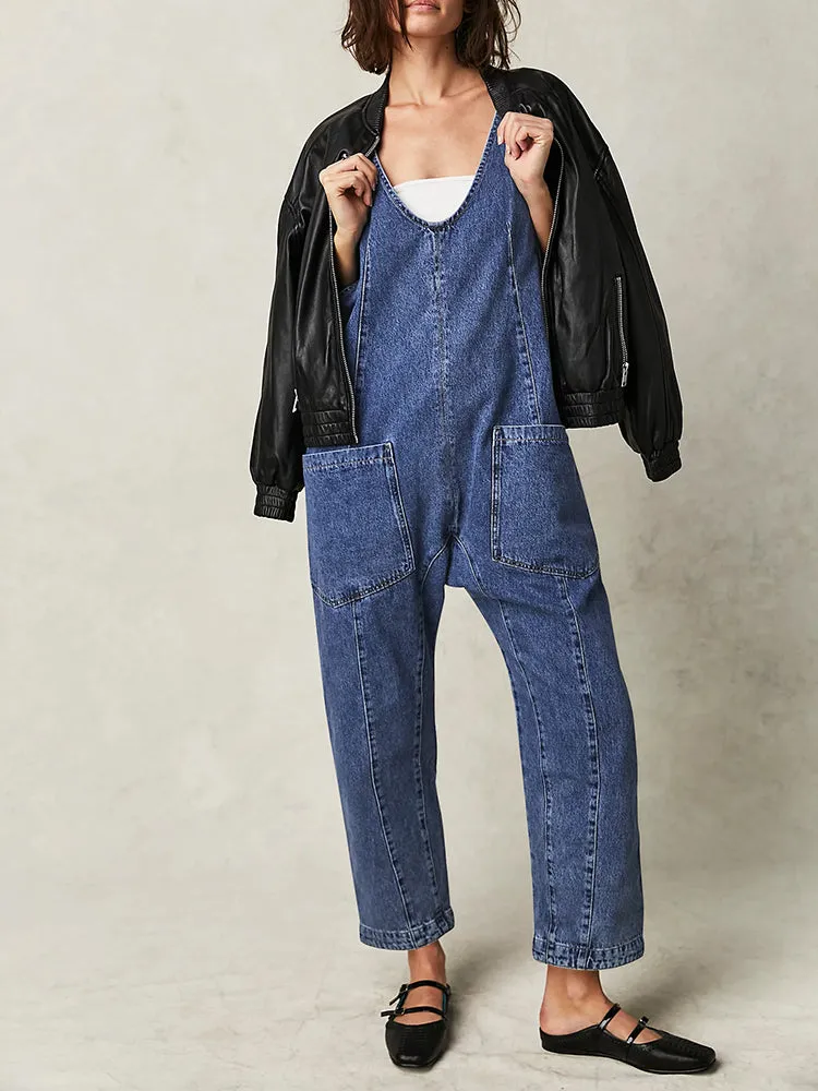 Women's High Roller Denim Jumpsuits Loose Baggy Jumpers with Pockets