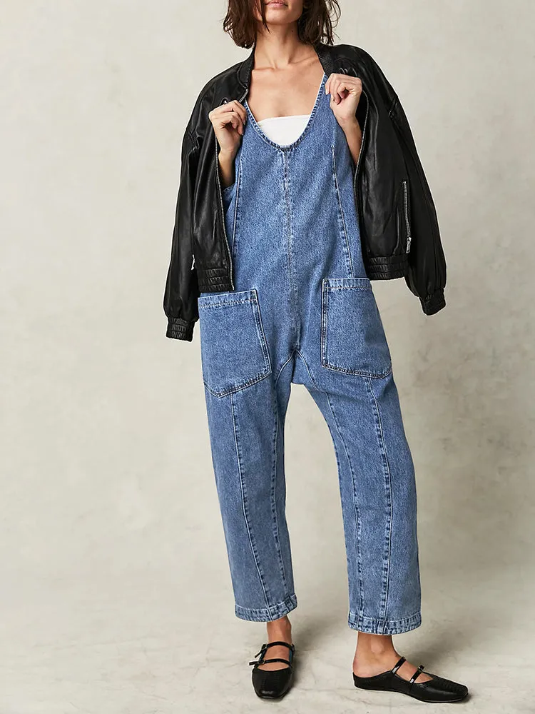 Women's High Roller Denim Jumpsuits Loose Baggy Jumpers with Pockets