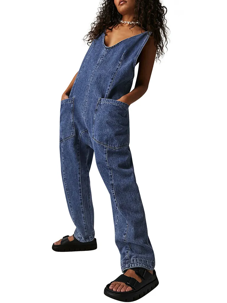 Women's High Roller Denim Jumpsuits Loose Baggy Jumpers with Pockets